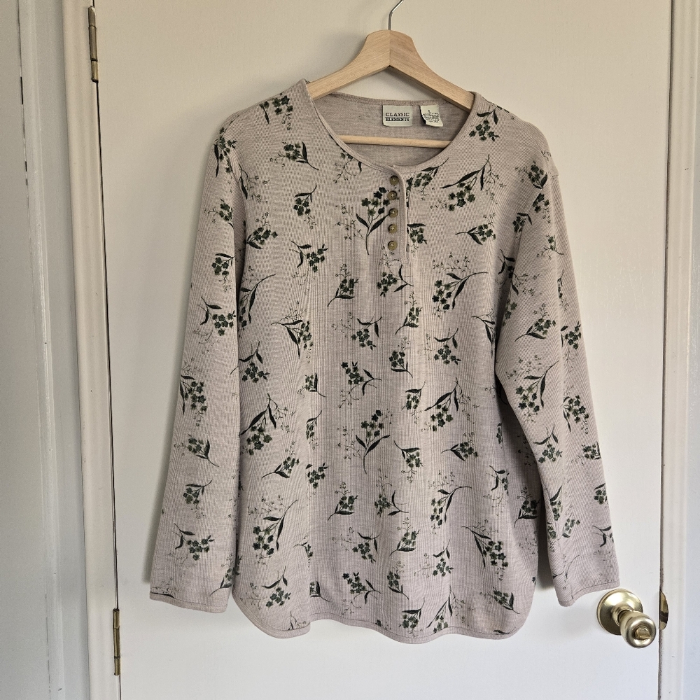 Classic Elements Floral Patterned Ribbed Long Sleeve Top Women's L Tan And Green
